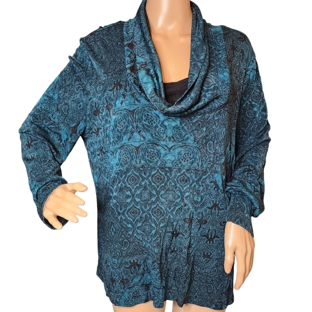 Coldwater Creek Slinky Stretch teal black‎ cowl neck Long sleeve top. Size XL.